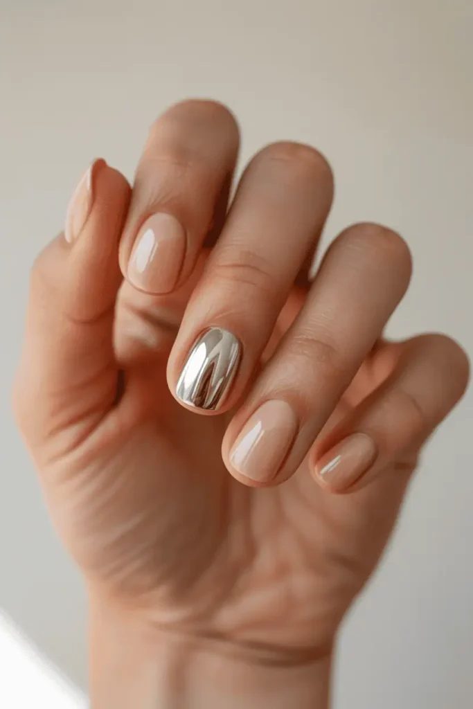 Chrome Accent Nail on Nude Base