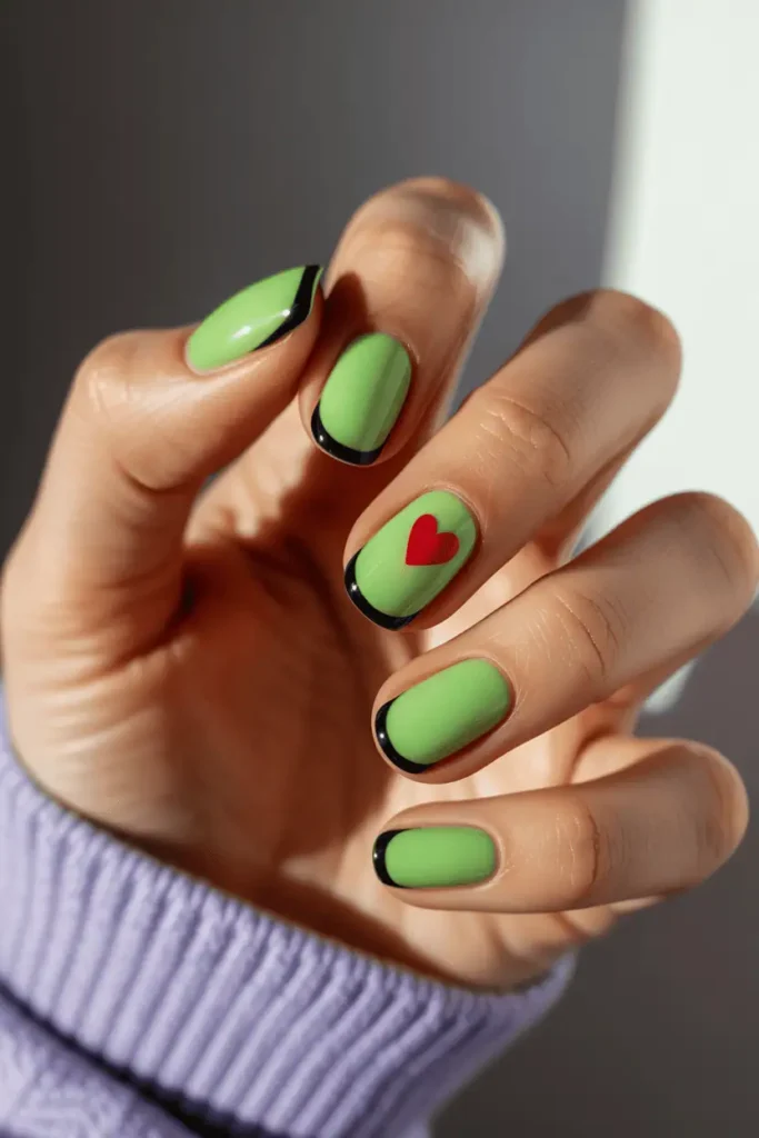 neon green nails with black outline accents, tiny red heart detail, playful holiday style, soft cozy background, warm lighting, realistic hands