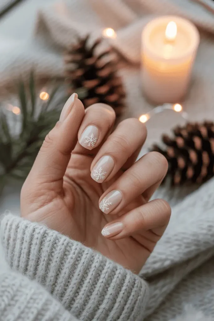 Nude nails with delicate white snowflakes, hand near pinecones and soft blanket.