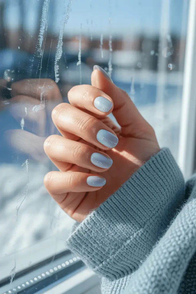 Pale icy blue nails with subtle shimmer, winter background, frosty window light.
Pinterest hero photo, calm minimalism, realistic hands, soft bokeh, cool daylight, props: glass, scarf, soft textures.