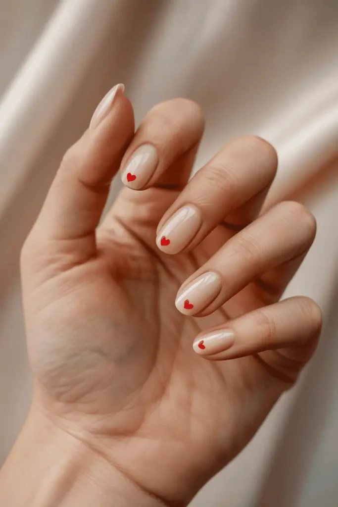 sheer nude nails with tiny red heart accents, delicate hand pose, soft warm lighting, neutral romantic background, high detail, realistic skin texture
