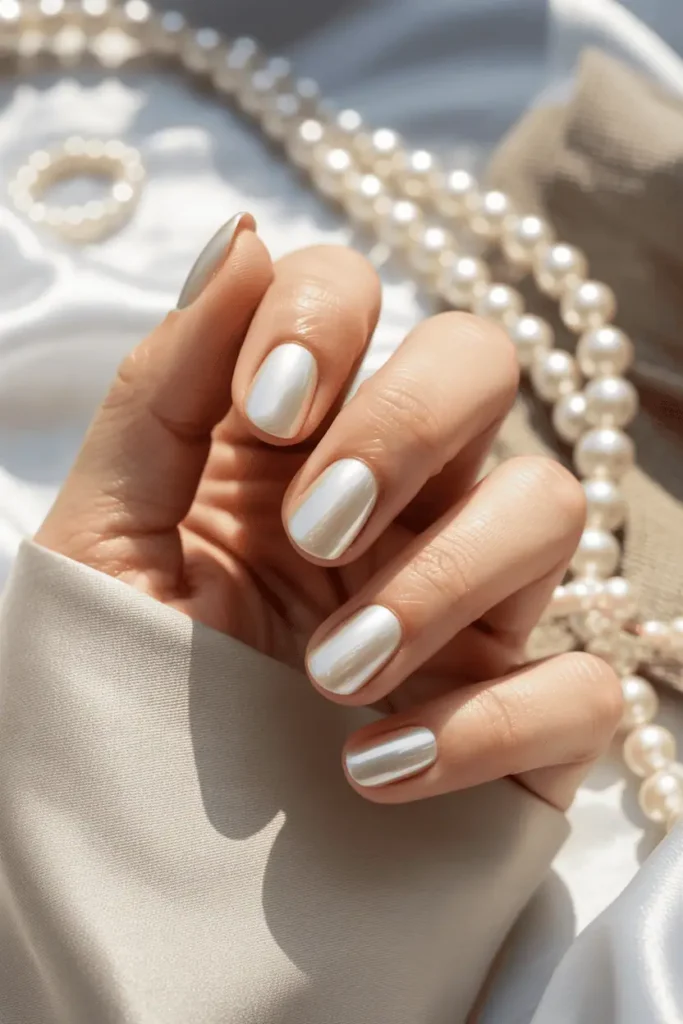 Sheer pearl white nails with subtle shimmer, elegant and simple composition.