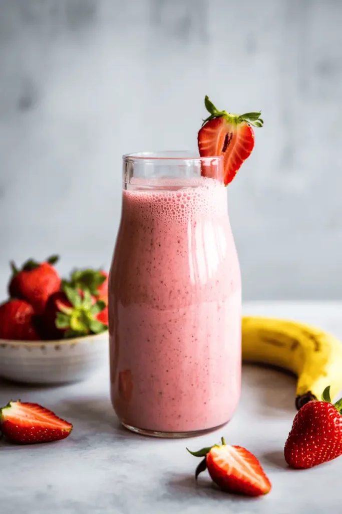 “strawberry banana smoothie in clear glass jar, creamy pink color, fresh strawberries and banana nearby, bright natural light, minimal styling, professional food photography, photorealistic, no text, vertical 2:3”
