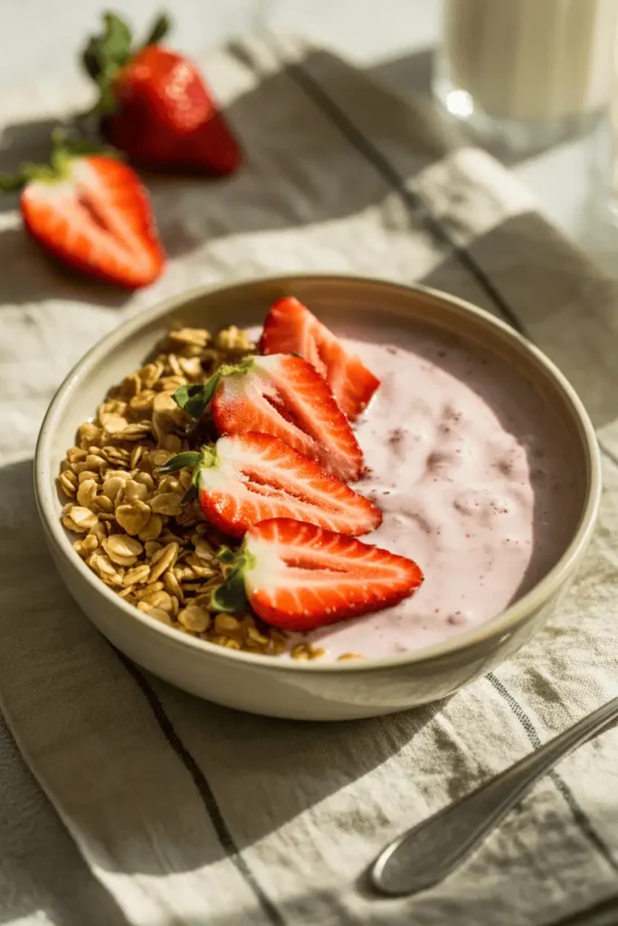 “strawberry yogurt breakfast bowl with granola, fresh sliced strawberries, creamy texture, bright natural morning light, clean ceramic bowl, editorial food photography, photorealistic, no text, vertical 2:3”