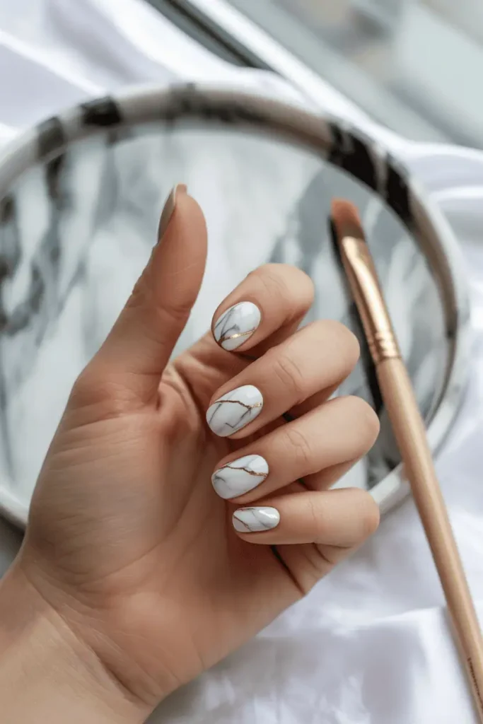 White marble nails with fine gold detailing, elegant neutral background.