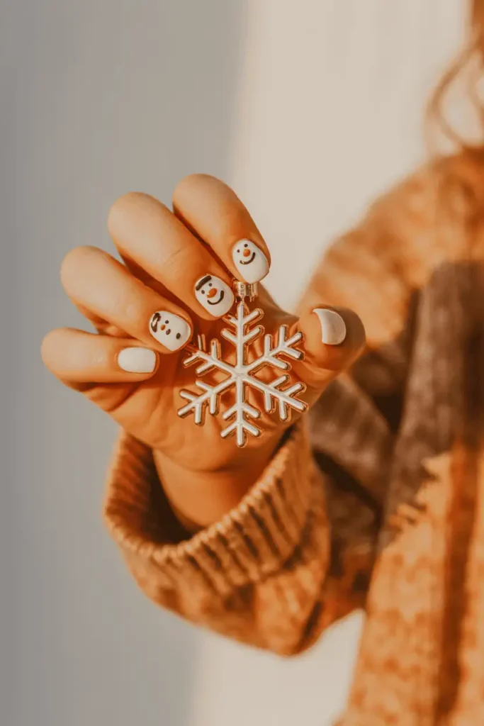 White snowman nail design on child’s hand holding a snowflake ornament, soft neutral background.