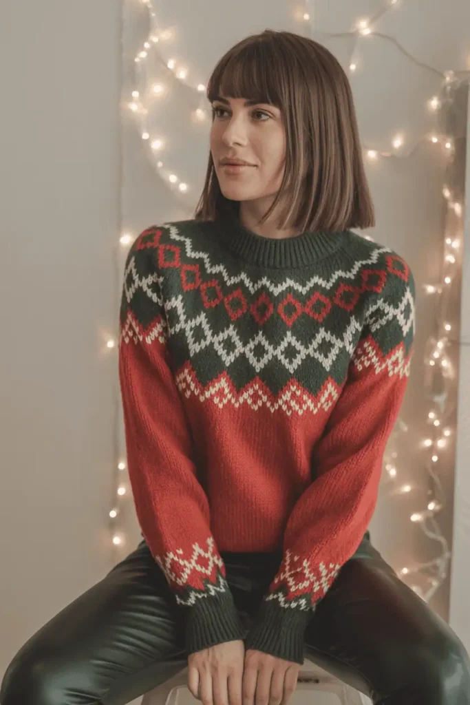 Woman wearing a Fair Isle sweater and leather leggings in a cozy festive setting.