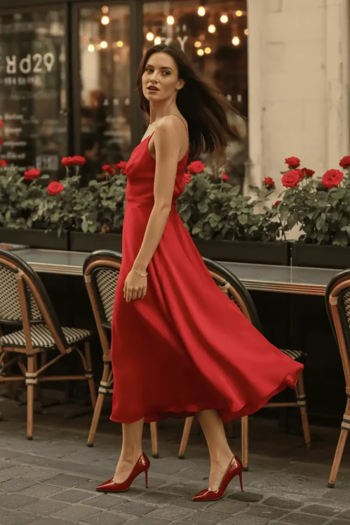 Woman wearing a flowing red satin midi dress, standing near a café or cobblestone street, soft golden light, movement in the skirt, feminine pose, red roses in background. Editorial fashion photography, warm Valentine’s aesthetic.
