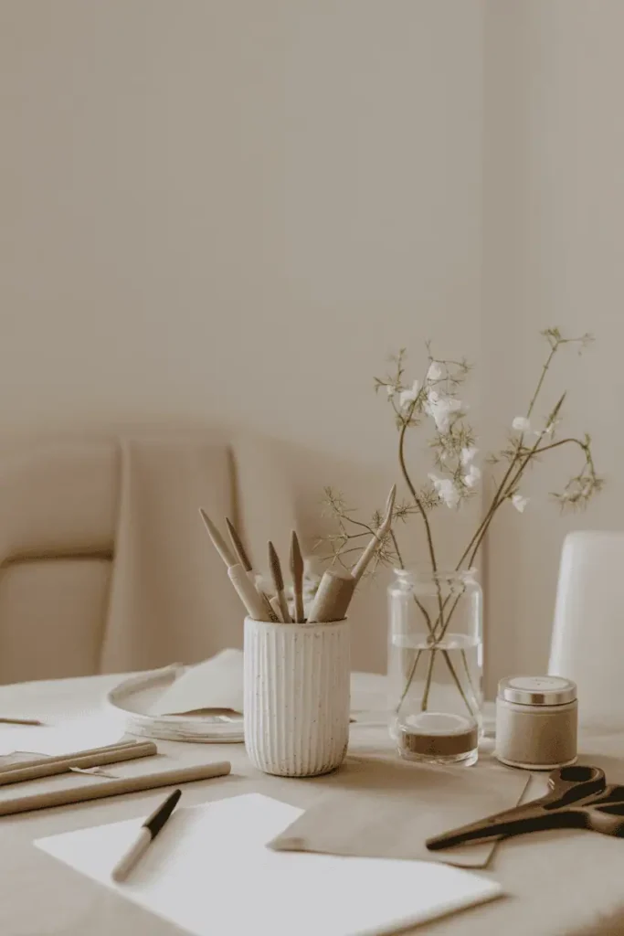 “bright calm interior with crafting supplies resting casually on a table, soft spring daylight, neutral background, relaxed unfinished craft feel, peaceful early spring mood, realistic lifestyle photography, no text, 2:3 vertical”
