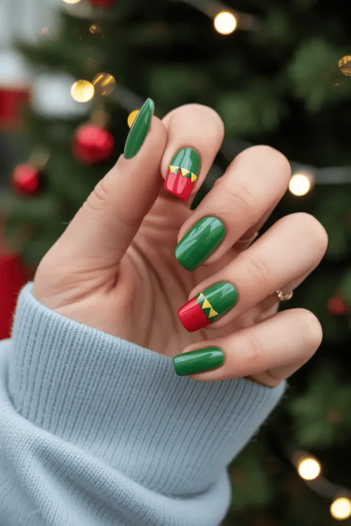 bright green and red nails inspired by Buddy the Elf outfit, yellow triangle details, playful festive vibe, cozy Christmas lights background, realistic hands