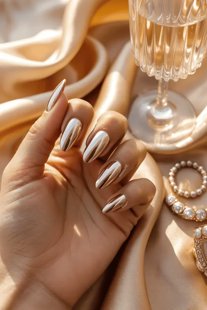 Champagne gold chrome nails, elegant flatlay, warm golden light.