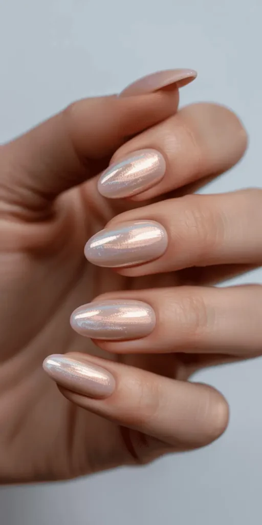 Close-up of almond-shaped nails with sheer pink base and rose gold chrome powder creating glazed donut effect for Valentine's Day