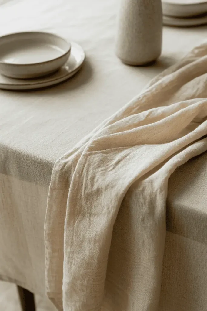 “early spring table setting with linen tablecloth and fabric runner, soft neutral tones, gentle folds in fabric, ceramic tableware, natural light highlighting texture, minimal elegant styling, realistic photography, no text, 2:3 vertical”