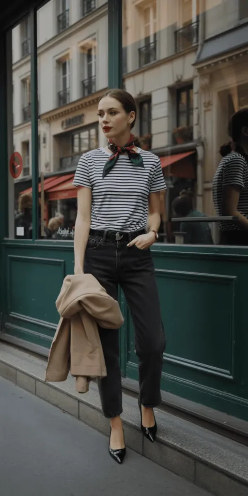 Parisian Effortless: Striped Tee + High-Waisted Jeans + Red Lip