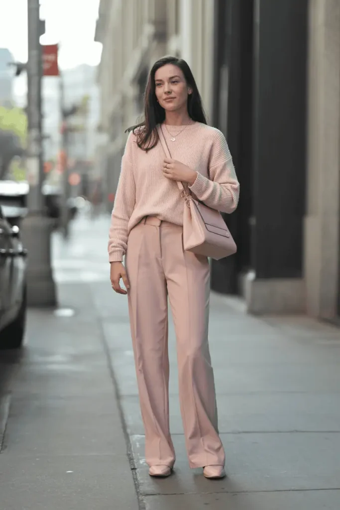 Full-body photo of a woman wearing a blush pink monochrome outfit: soft knit sweater, pastel pink trousers, matching handbag. Standing on a city sidewalk with soft natural light, gentle depth of field, romantic tones, subtle pink bokeh. Clean editorial style.