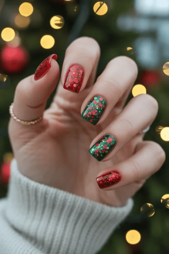 full glitter nails in bold red and emerald green, high sparkle intensity, festive dramatic lighting, bokeh Christmas lights, cozy background, Pinterest-friendly, realistic hands