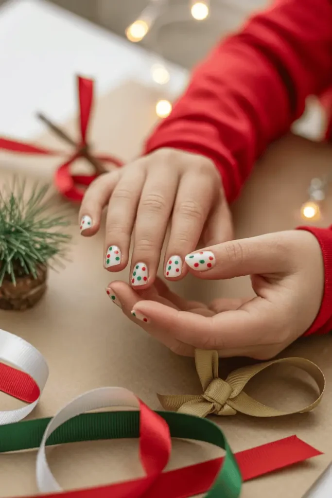 Multicolored festive dots on white nails, kid’s hands near Christmas crafts or ribbon.