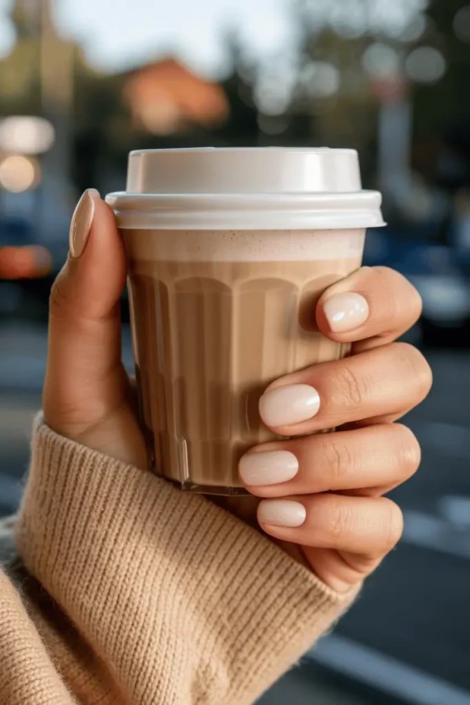 Short rounded nails painted in creamy beige, holding a latte cup. Cozy sweater sleeve visible, warm daylight tones.