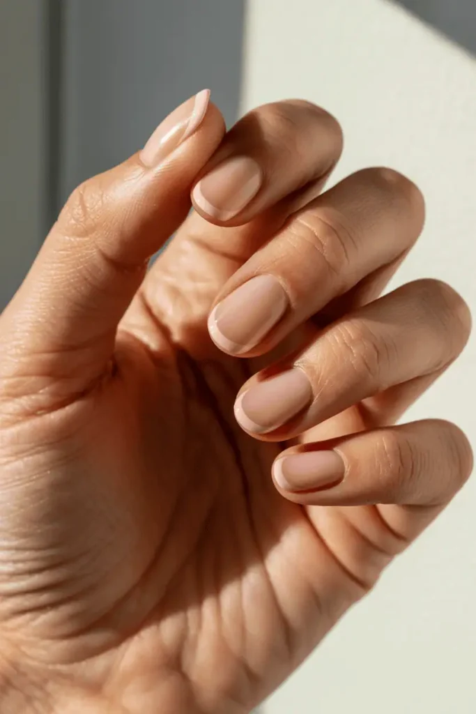 soft blush pink nails with thin pastel-pink French tips, clean natural hand pose, bright natural daylight, minimal neutral background, high realism