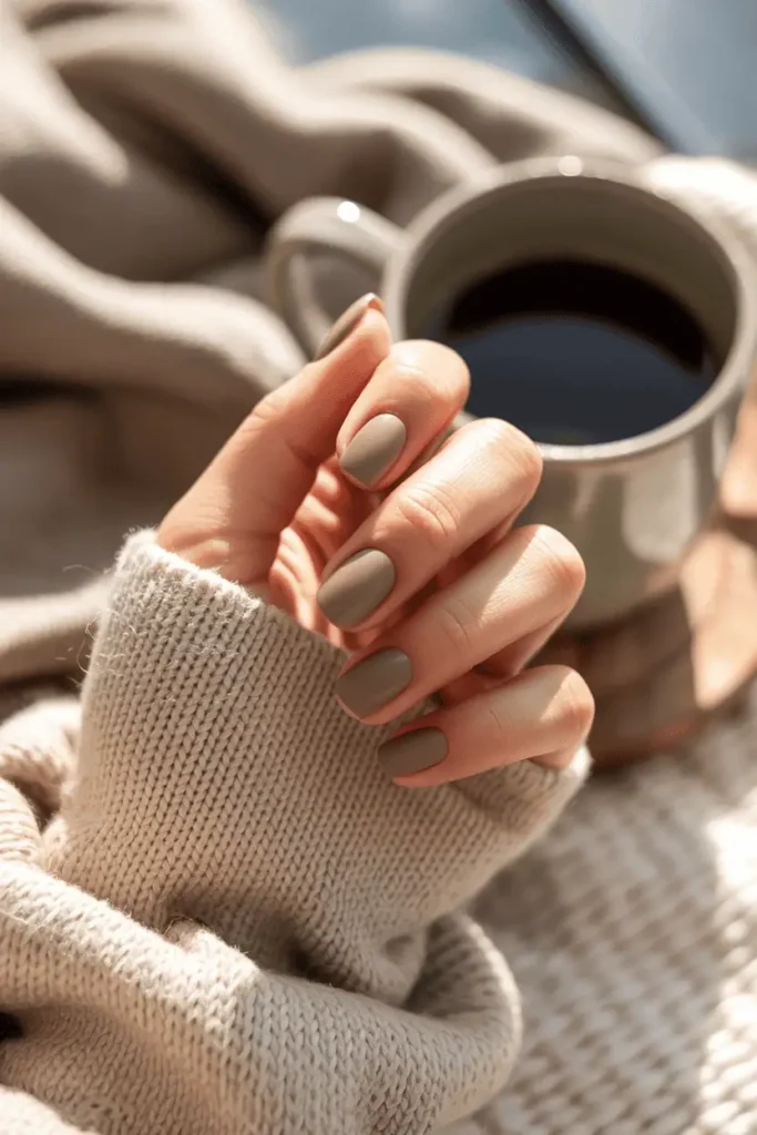 Taupe matte nails against a beige knit sweater, warm soft light, neutral color palette.
Pinterest hero photo, cozy lifestyle composition, warm tone daylight, props: coffee mug, sweater sleeves, blanket.