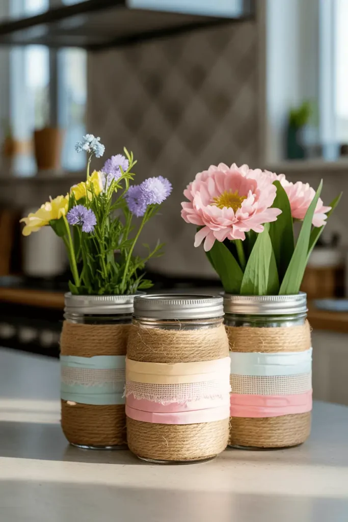 Three mason jars wrapped in jute twine and pastel fabric strips, each holding fresh or faux spring flowers, clustered on a kitchen counter. Natural morning light, practical DIY styling. The wrapping shows visible texture and handmade character. Warm, approachable, and achievable craft aesthetic.