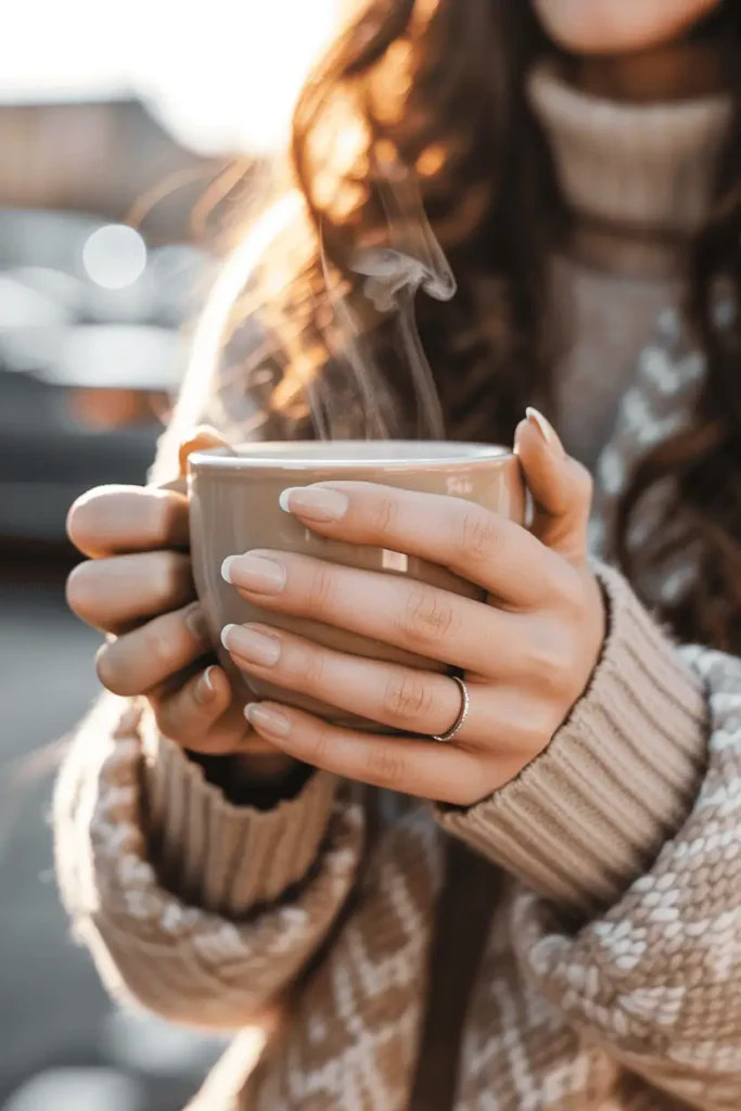 Warm beige nails holding a latte cup, steam rising, blurred beige sweater background.