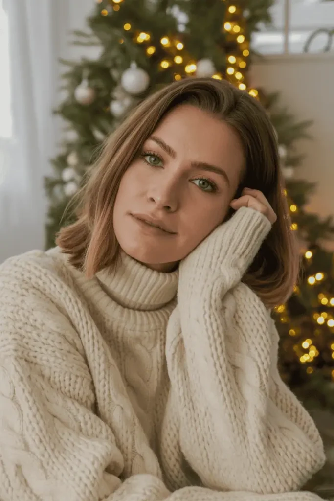 Woman wearing a cozy knit sweater in front of warm Christmas lights.