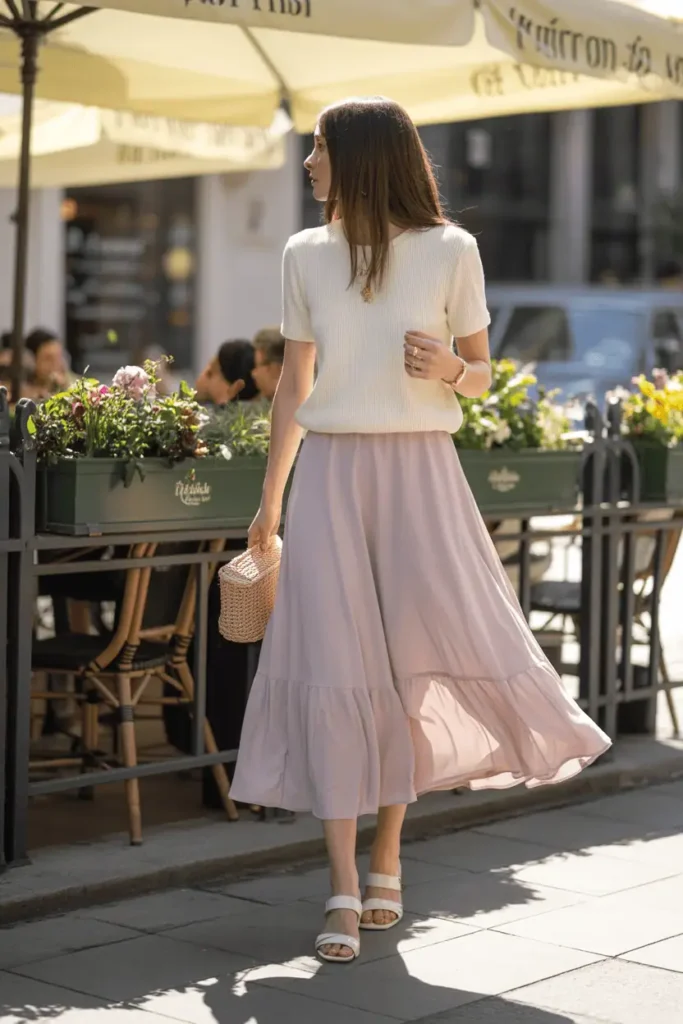 Woman wearing a flowy pastel midi skirt paired with a fitted cream knit top, standing near a sunlit café terrace with flowers. Gentle breeze movement, romantic spring feel, clean fashion photography.