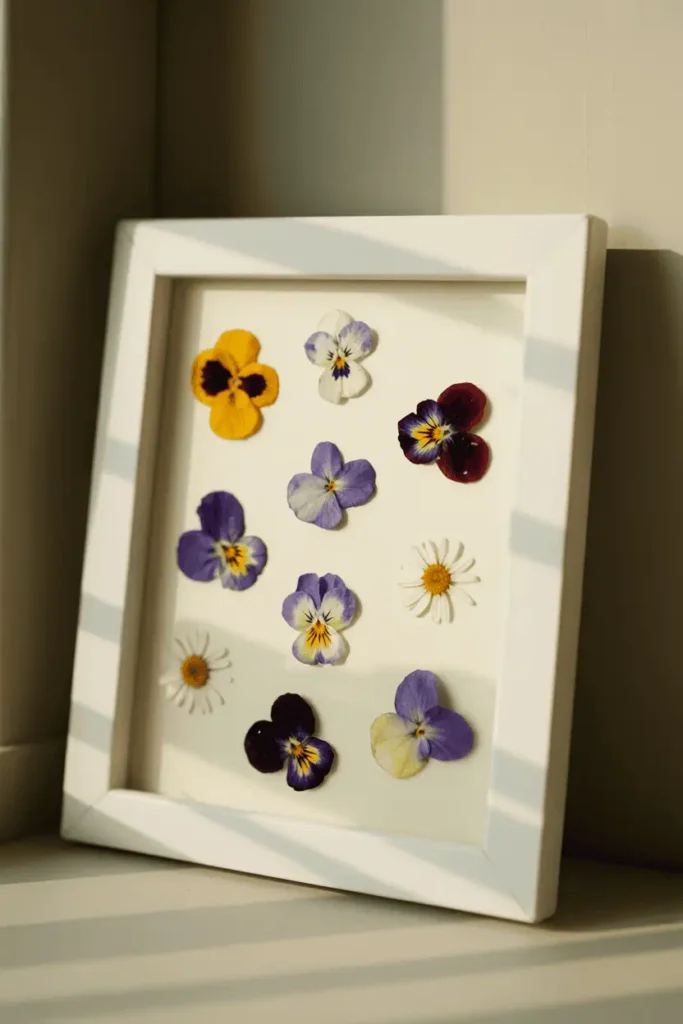 A simple white frame containing pressed spring flowers—pansies, violets, small daisies—carefully arranged on cream cardstock. The frame sits propped on a shelf with soft natural light. Delicate, botanical aesthetic with visible flower details. The composition feels timeless and handmade but polished.
