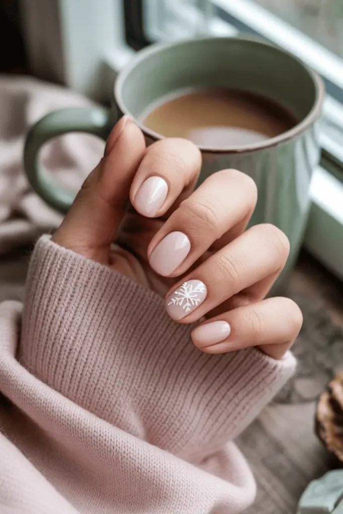 Blush pink nails with one delicate white snowflake design, soft neutral lighting.