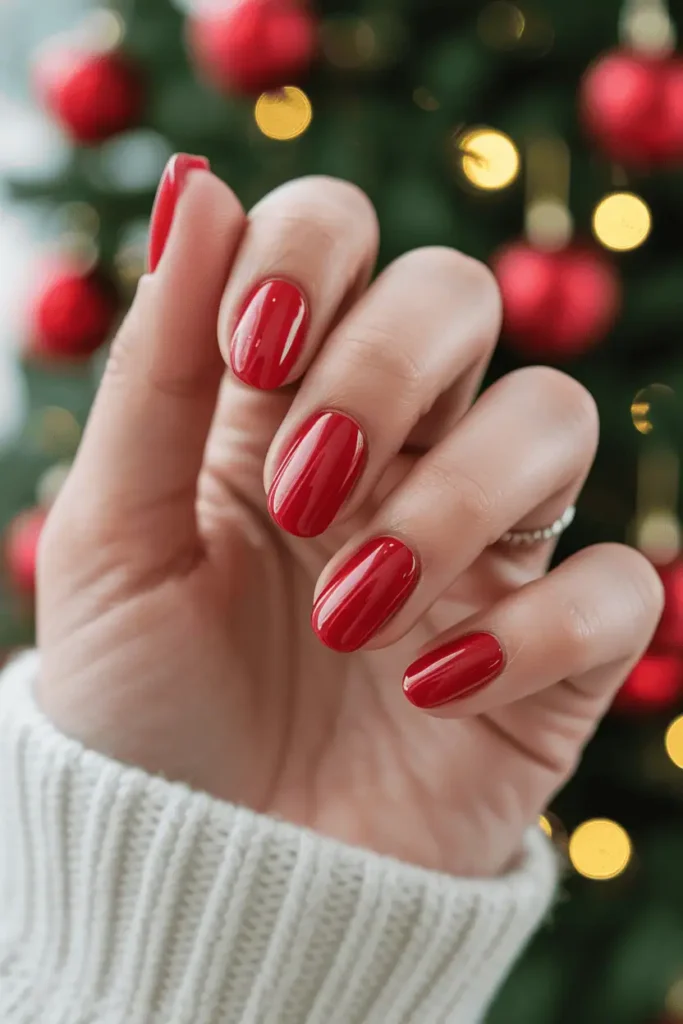 bright cherry red glossy nails, smooth finish, bold holiday red color, cozy Christmas bokeh background, warm lighting, realistic hands, Pinterest hero photo