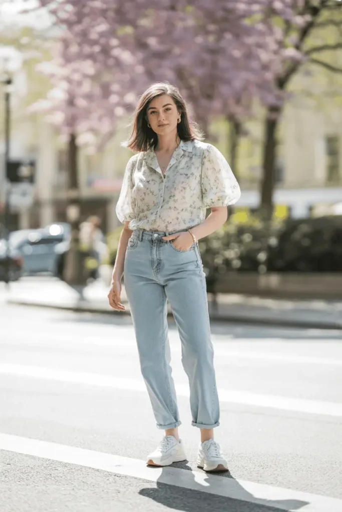 Full-body photo of a woman wearing a light floral blouse tucked into light-wash straight-leg jeans, white sneakers, standing on a bright spring street with blooming trees. Soft natural light, pastel tones, airy editorial aesthetic.