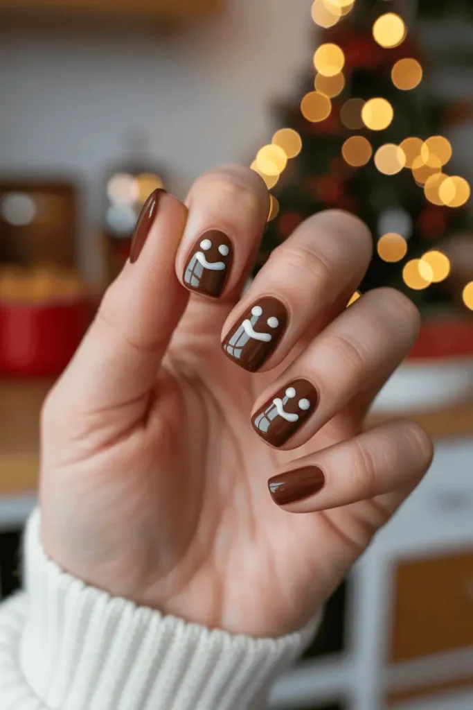 gingerbread brown nails with cute gingerbread man faces, white icing details, holiday baking theme, cozy kitchen background, warm Christmas glow, realistic hands