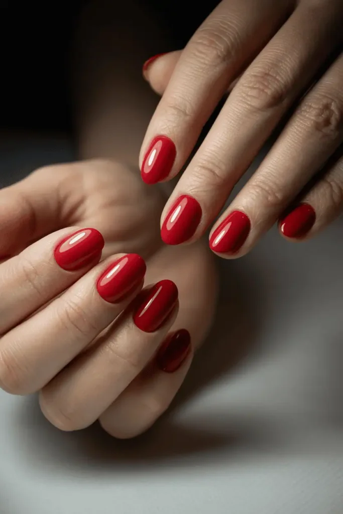 glossy deep-red nails, smooth high-shine finish, realistic hands, soft romantic lighting, minimal blurred background, elegant Valentine atmosphere