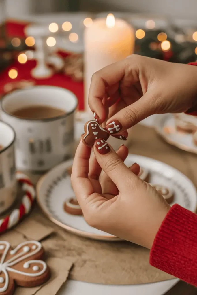 Little brown gingerbread nail art on child’s nails, holding a gingerbread cookie, festive table setup.