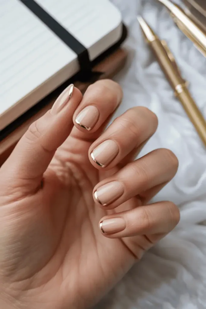 Nude nails with thin gold stripe accent, clean modern background, warm lighting.