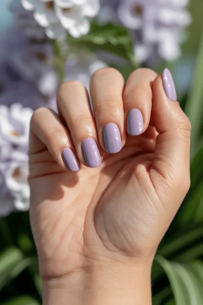 pastel lilac glossy nails, clean natural hand pose, soft sunlight, floral spring background with gentle blur, subtle shadows, realistic skin texture, elegant minimal composition