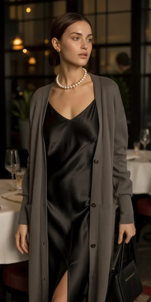 Grey Cashmere Cardigan with Black Slip Dress