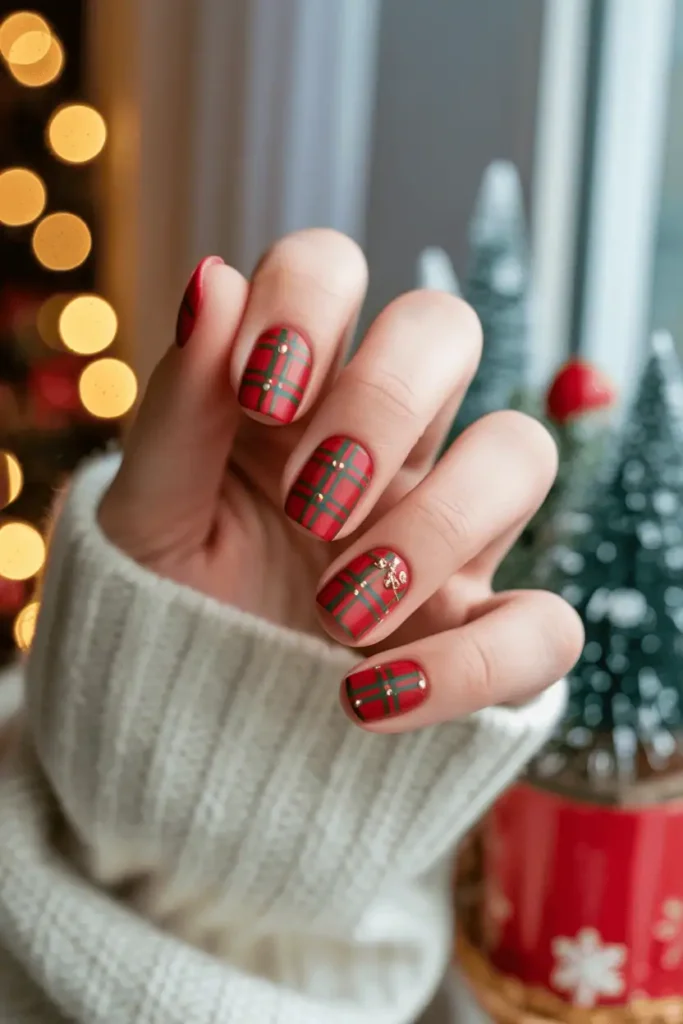 red and green plaid nails with tiny gold accents, cozy winter background, soft warm lighting, snowflake details, realistic hands, Christmas home setting, Pinterest hero photo