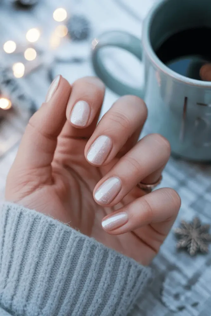 Sheer white shimmer nails with frosted glass effect, light snow background, gentle lighting.
Pinterest hero photo, winter minimalism, realistic hands, soft bokeh, cool daylight, props: snowflakes, scarf, mug.