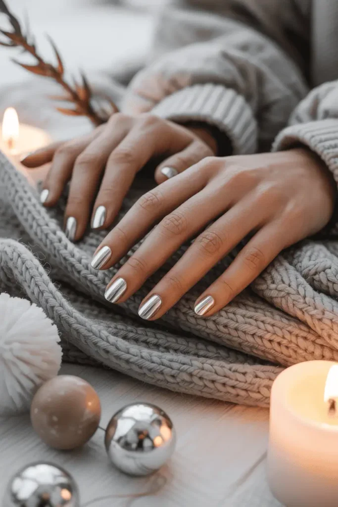 Silver chrome nails resting on grey knit fabric, snow-like light reflections, minimalist winter setting.