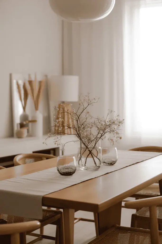 “wide shot of dining table in bright spring dining room, wooden table with neutral runner, minimal surrounding decor, clean balanced composition, soft morning light, calm seasonal styling, realistic interior photography, no text, 2:3 vertical”