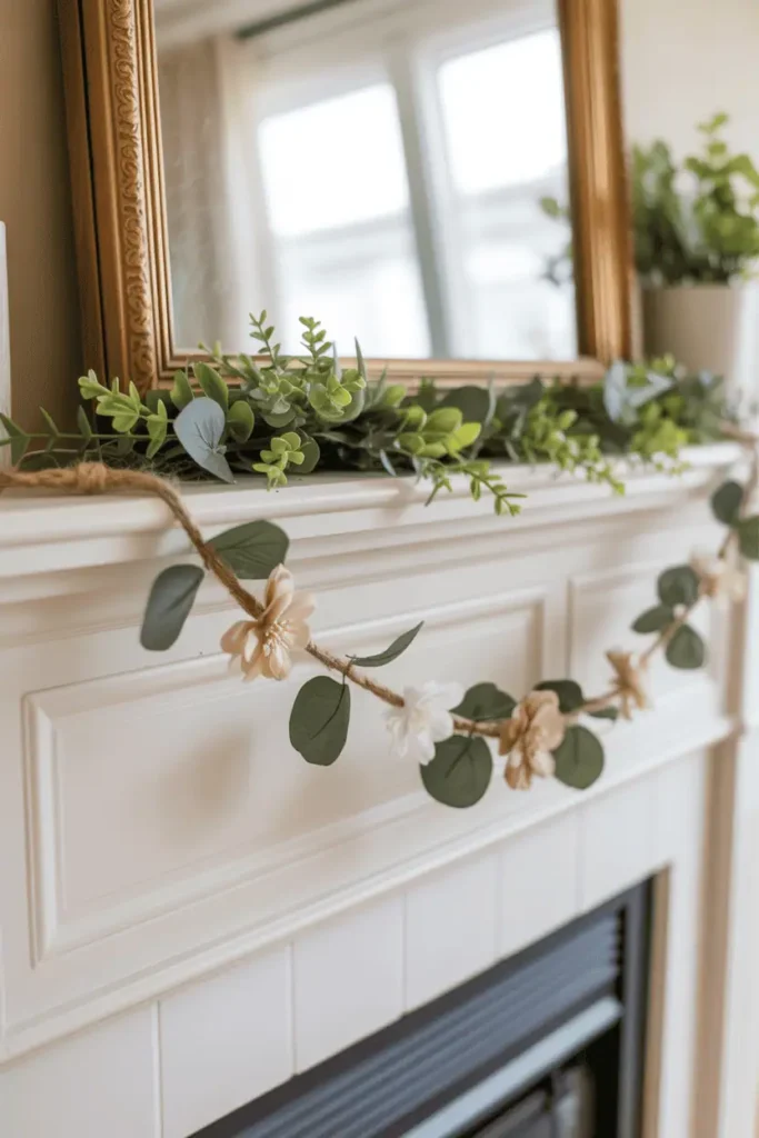 A homemade spring garland made with jute twine, faux eucalyptus stems, and fabric flowers draped across a white fireplace mantel. The elements are spaced unevenly for an organic look. Natural light from nearby window, lived-in home setting, warm and inviting composition showing the garland in use.