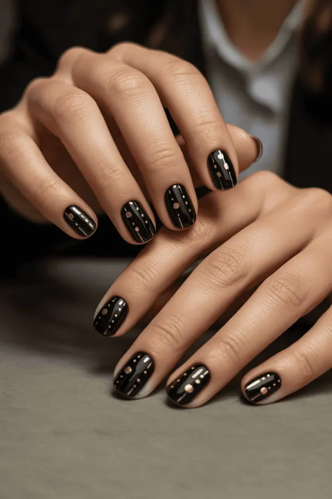 black nails with tiny gold lines, dots, and micro accents, elegant minimal luxury, soft warm lighting, realistic hands, neutral background