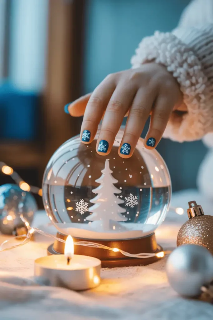 Blue and silver snowflake nails on a child’s hand touching a snow globe, gentle winter glow.