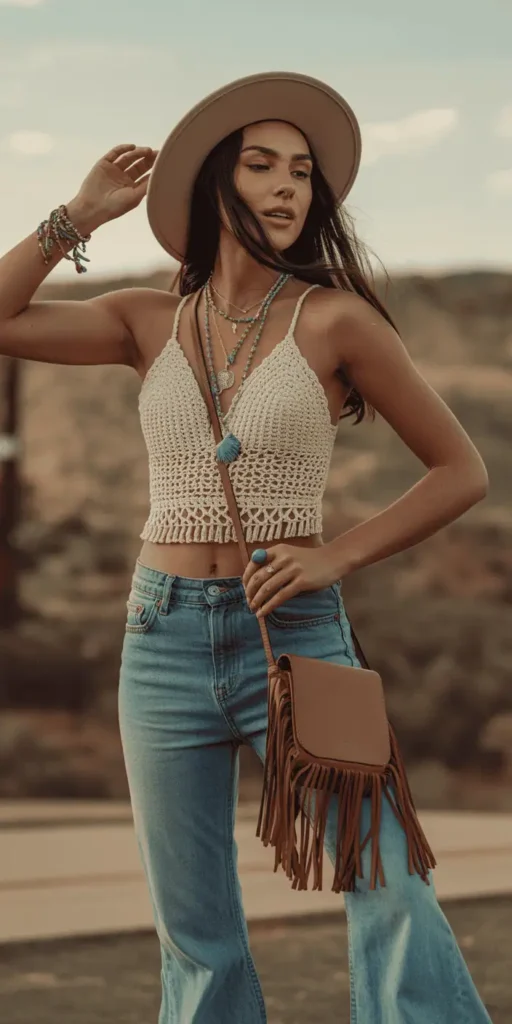 Boho Dream: Crochet Top + High-Waisted Flare Jeans
