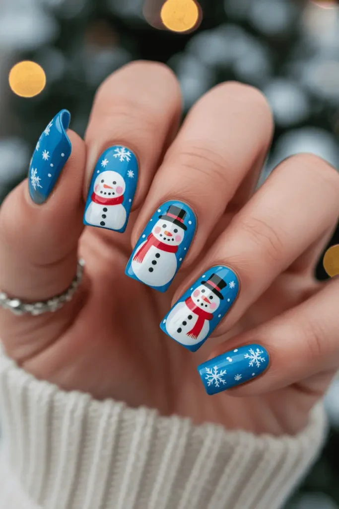 bright blue nails with cute cartoon snowmen, scarves and carrot noses, snowflake accents, playful winter vibe, cozy snowy background, warm indoor lighting, realistic hands