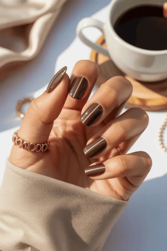 Latte brown nails with thin gold vertical stripe, clean minimalist background, natural daylight.