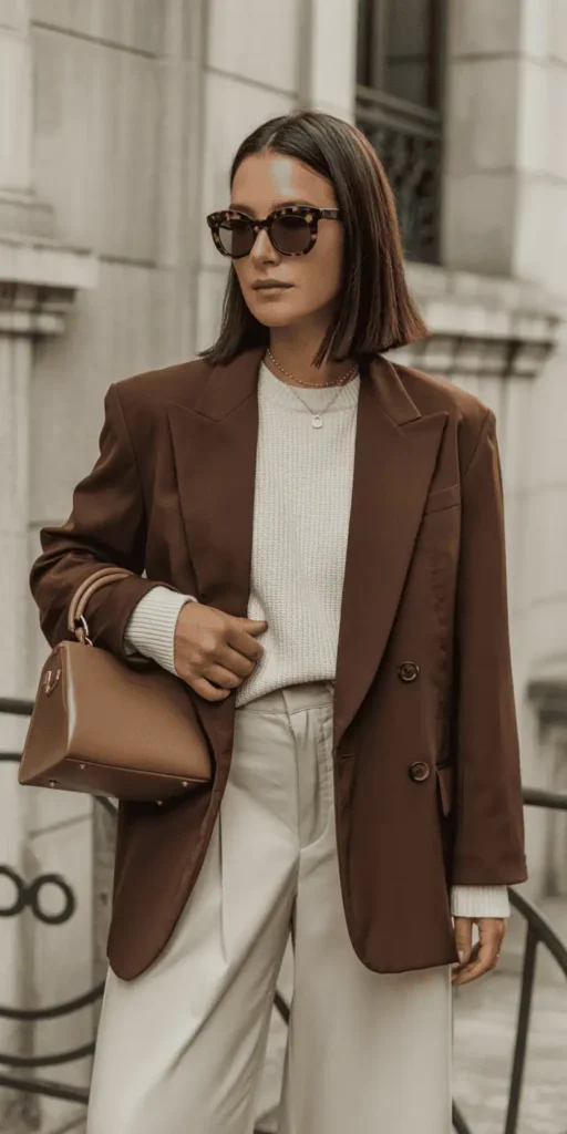 Chocolate Brown Blazer Over Ivory Knit and Cream Trousers