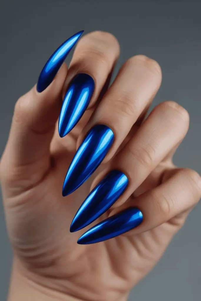 Blue Chrome on Stiletto Nails